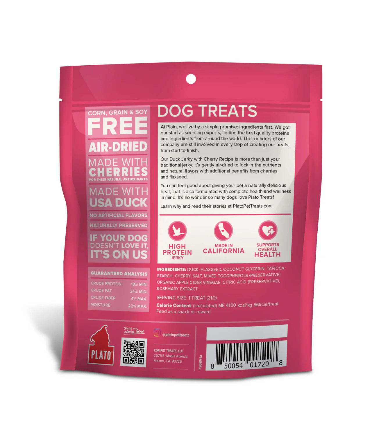 Plato Duck Jerky with Cherry 7 oz - Happy Pet