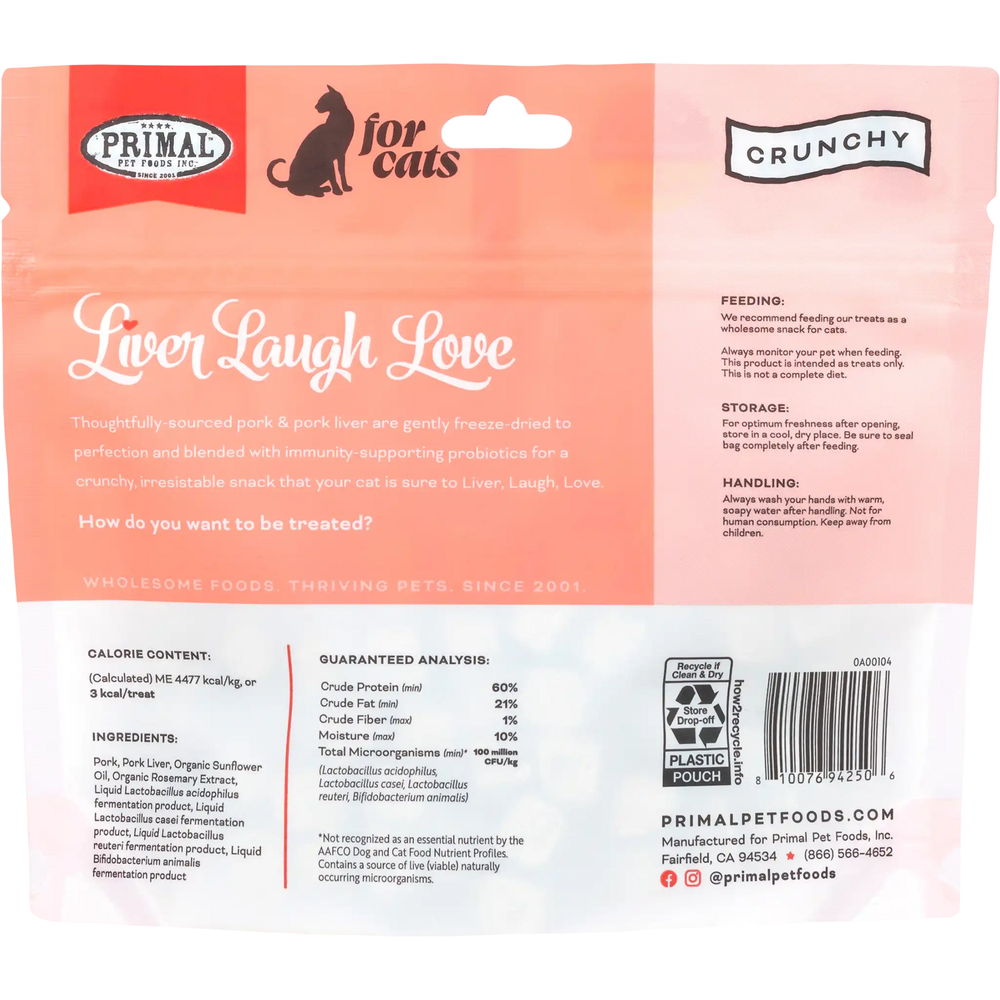 Primal Liver Laugh Love Freeze-Dried Pork Cat Treats 1.5 oz - Happy Pet